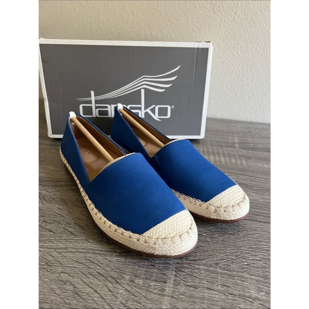 New Dansko Espadrille Slip On Flats Blue Leather Comfort Shoes Women’s 36